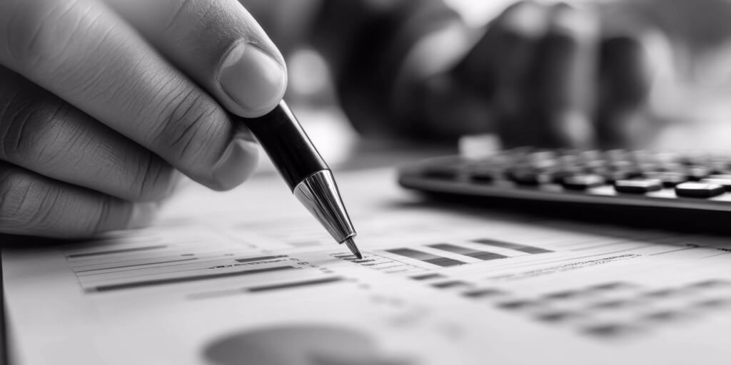 A hand, wielding a pen, hovers over printed graphics.