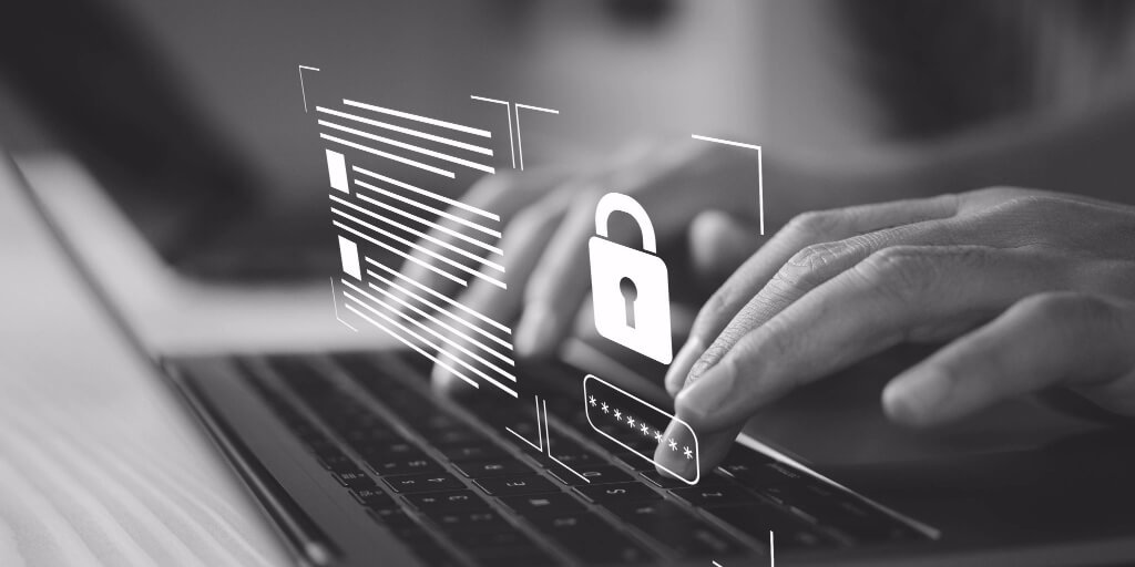 The image shows a person typing on a computer keyboard with a lock image, representing cyber security and data security.